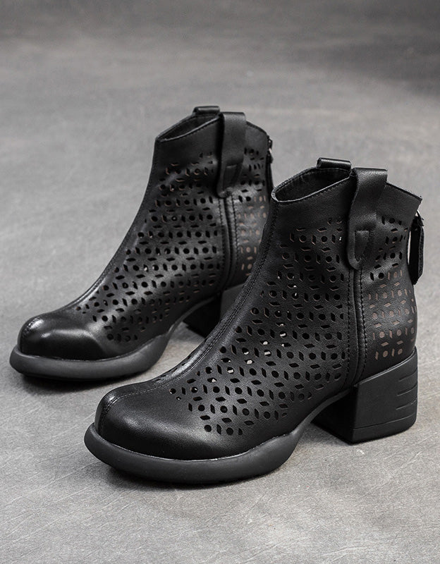 Retro Leather Hollow CHunky Heel Boots for Women