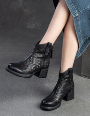 Retro Leather Hollow CHunky Heel Boots for Women