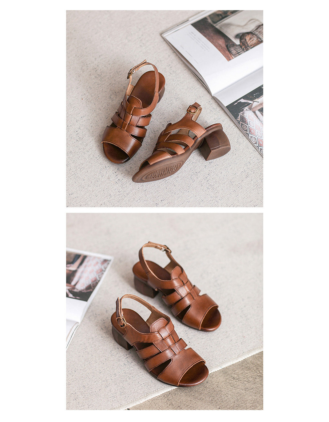 Retro Leather Open Toe Chunky Heels Sandals Slingback