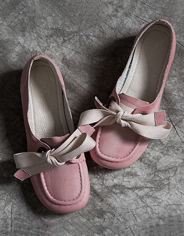 Retro Leather Pink Round Head Flats