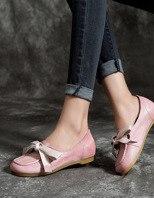 Retro Leather Pink Round Head Flats