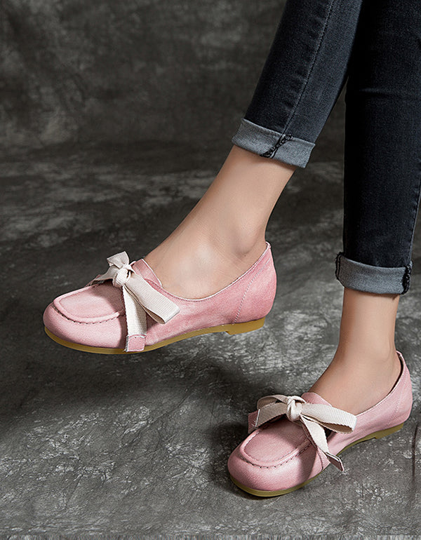 Retro Leather Pink Round Head Flats