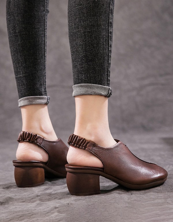 Retro Open Toe Thick-Heeled Leather Chunky Shoes