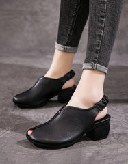 Retro Open Toe Thick-Heeled Leather Chunky Shoes