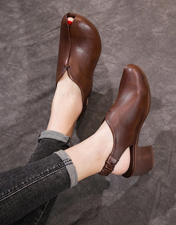 Retro Open Toe Thick-Heeled Leather Chunky Shoes