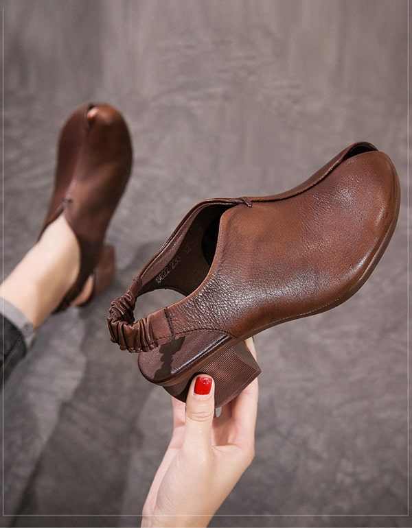 Retro Open Toe Thick-Heeled Leather Chunky Shoes