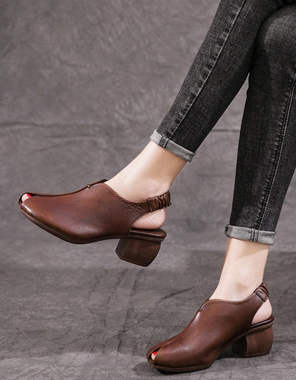 Retro Open Toe Thick-Heeled Leather Chunky Shoes