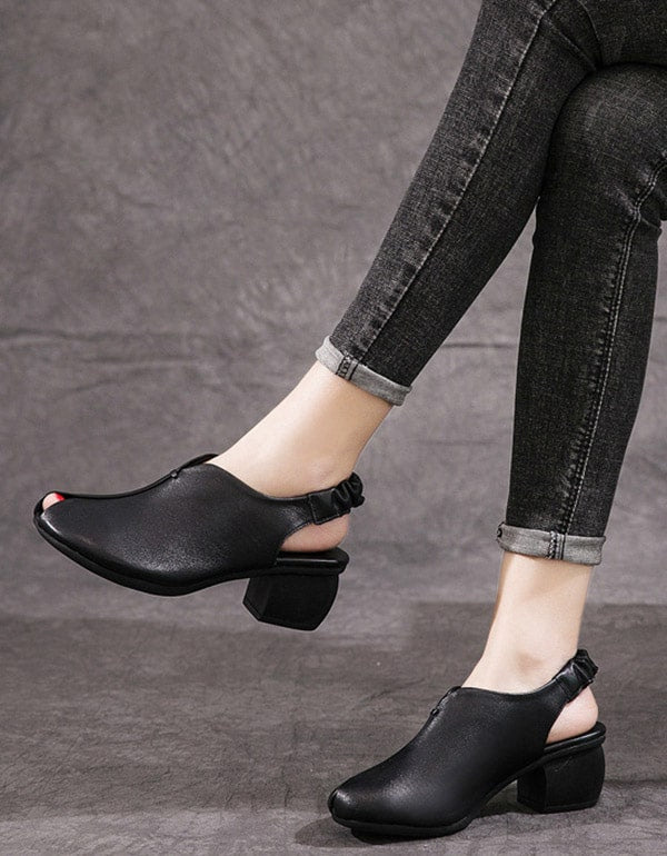 Retro Open Toe Thick-Heeled Leather Chunky Shoes