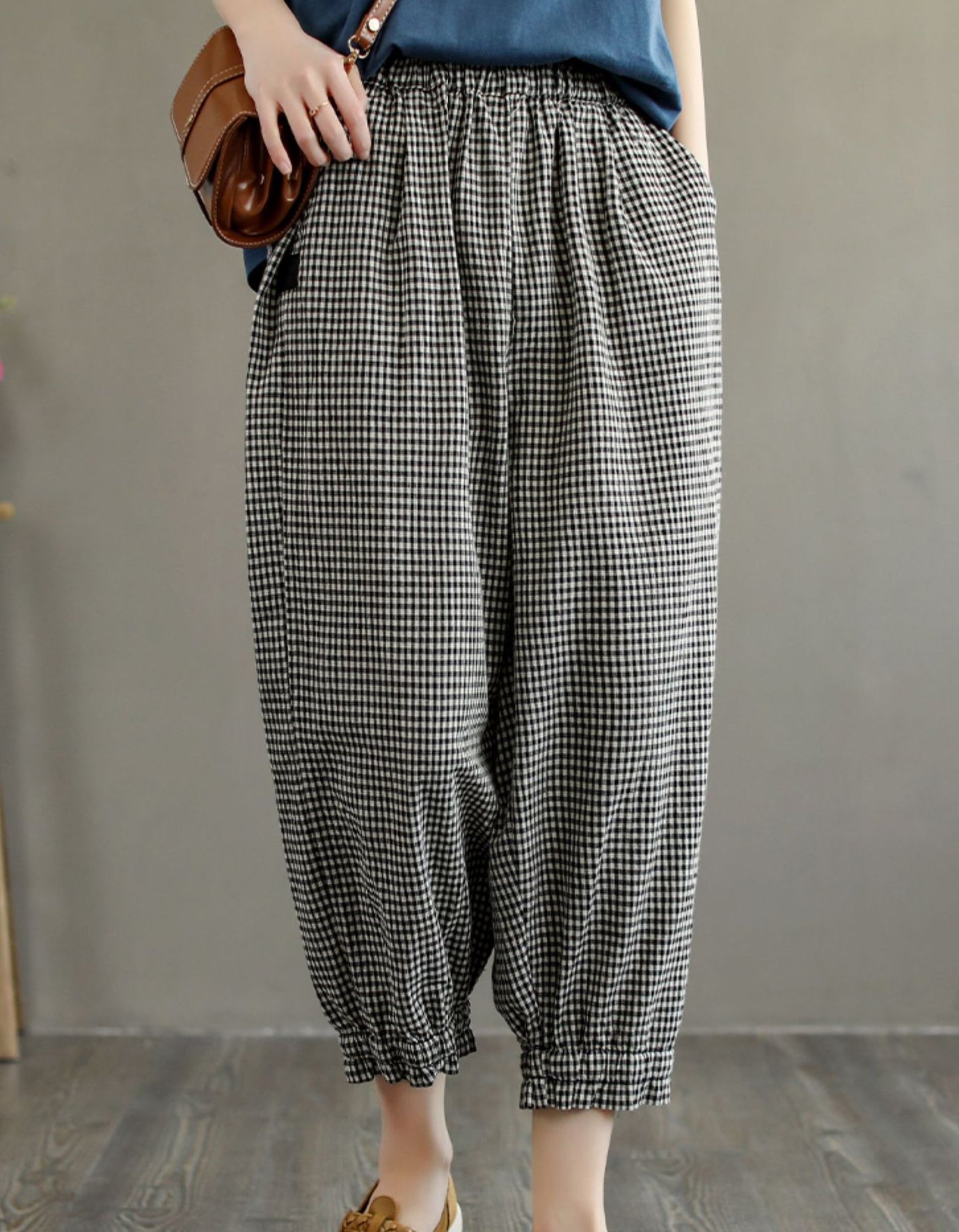 Retro Plaid Cotton Linen Loose Pants