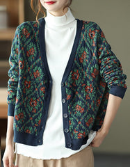 Retro Printed V-neck Loose Cardigan