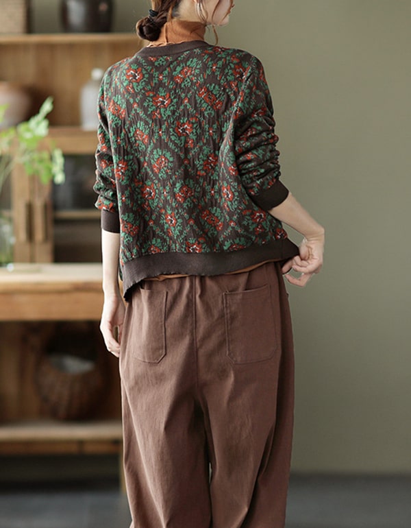 Retro Printed V-neck Loose Cardigan