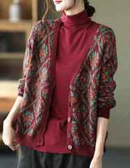 Retro Printed V-neck Loose Cardigan