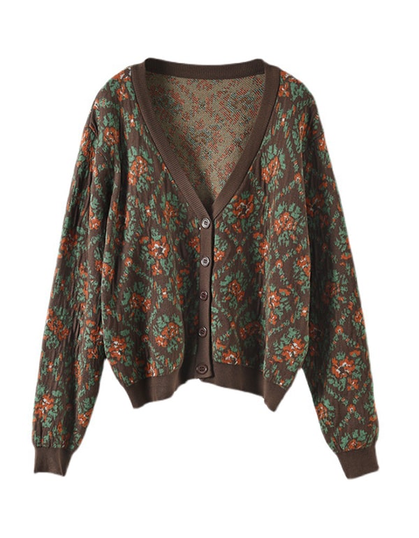 Retro Printed V-neck Loose Cardigan