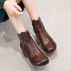 Retro Leather Soft Bottom Chunky Boots