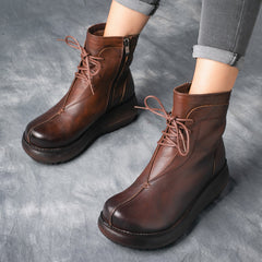 Retro Leather Velvet Platform Boots