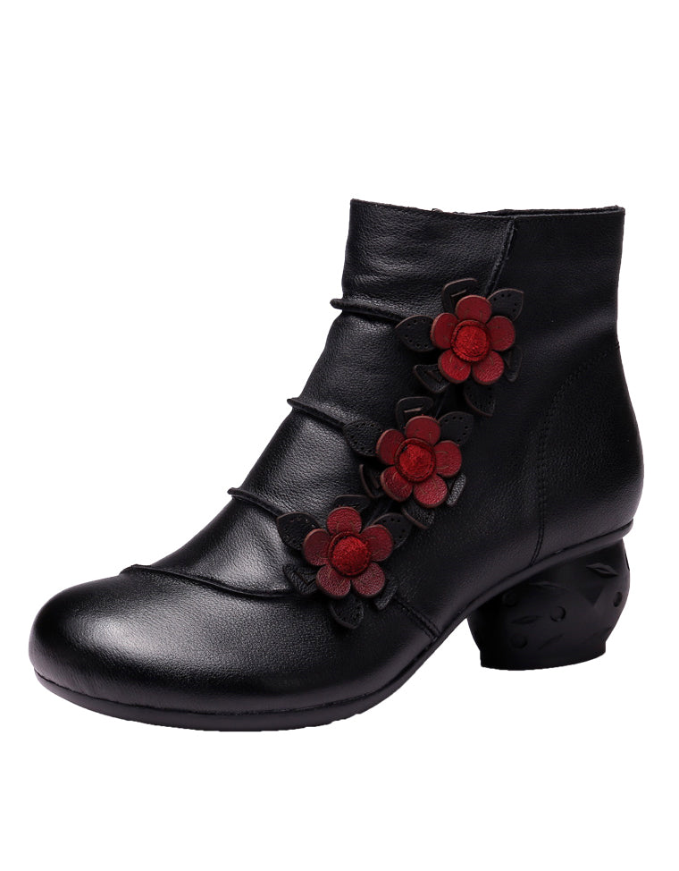 Side Flower Retro Leather Chunky Boots