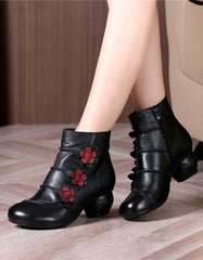 Side Flower Retro Leather Chunky Boots