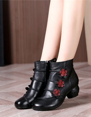 Side Flower Retro Leather Chunky Boots