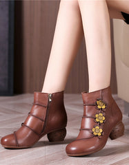 Side Flower Retro Leather Chunky Boots