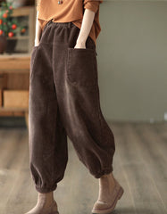 Side Pocket Corduroy Elastic Waist Loose Casual Pants