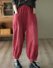 Side Pocket Corduroy Elastic Waist Loose Casual Pants