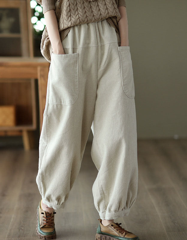 Side Pocket Corduroy Elastic Waist Loose Casual Pants