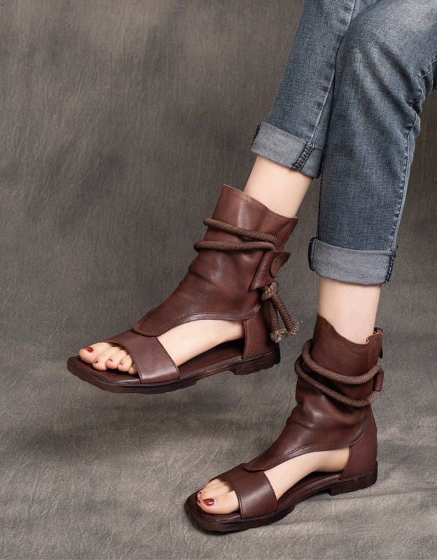 Handmade Soft Leather Open Toe Summer Flat Sandals Boots