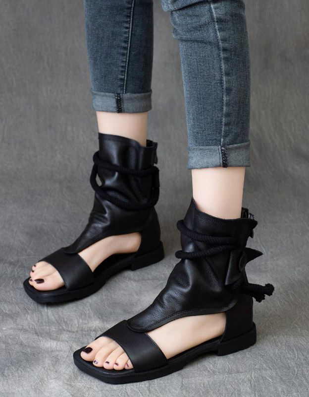 Handmade Soft Leather Open Toe Summer Flat Sandals Boots