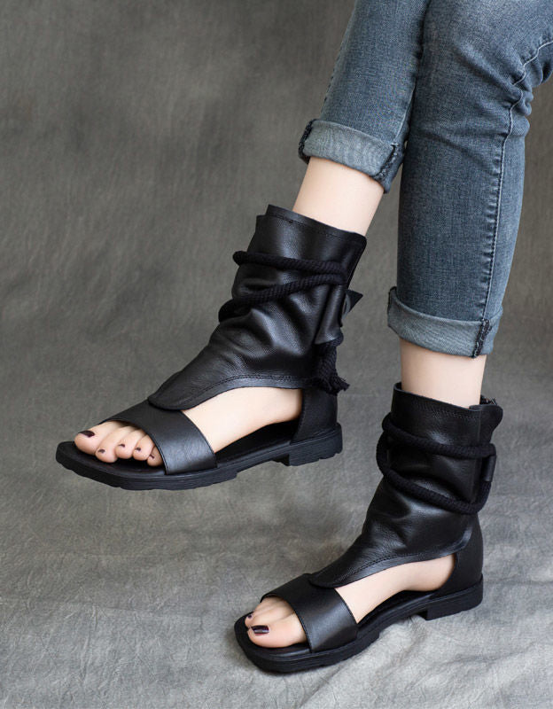 Handmade Soft Leather Open Toe Summer Flat Sandals Boots