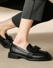 Silk Bowknot Vintage Leather Loafers for Women