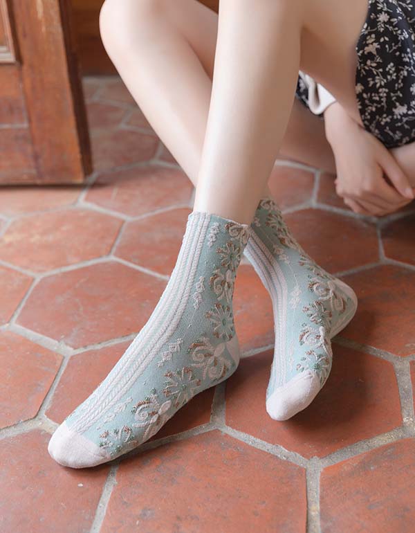 2 Pairs Spring Color Vintage Floral Cotton Socks