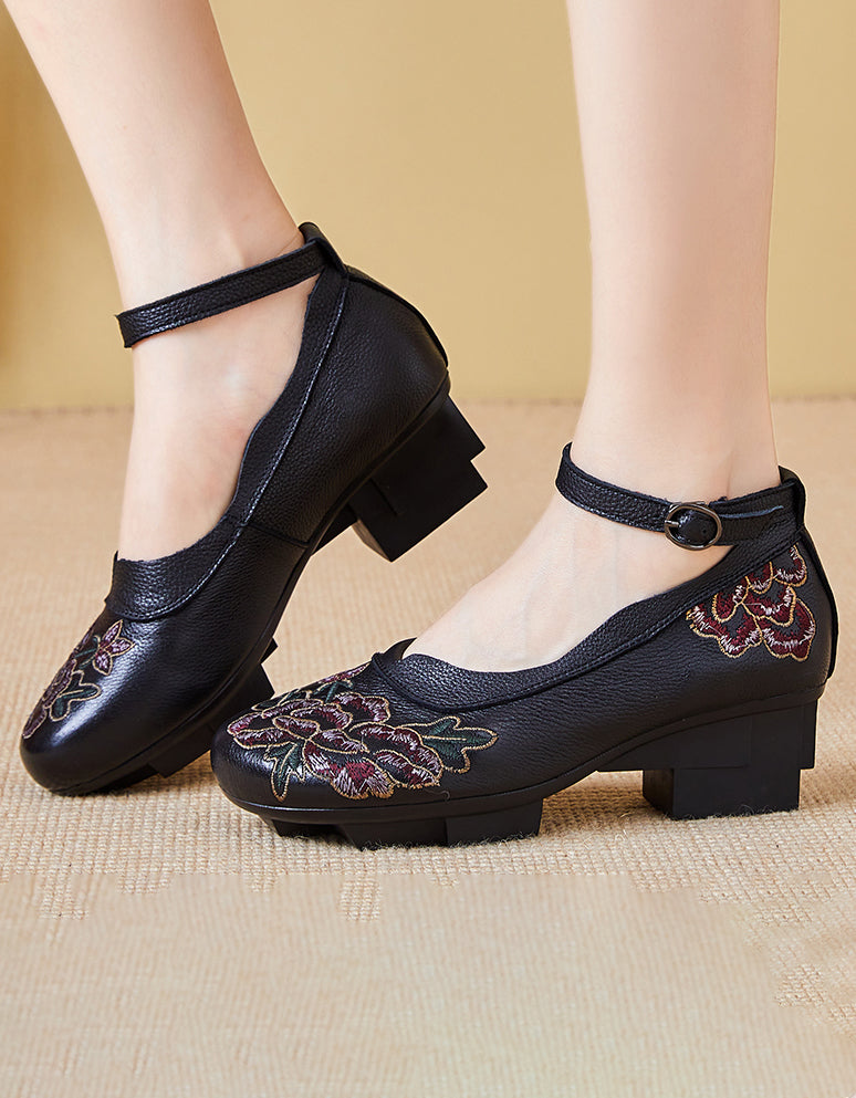 Ethnic Style Ankle Strap Embroidery Chunky Heels