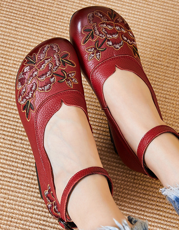 Ethnic Style Ankle Strap Embroidery Chunky Heels