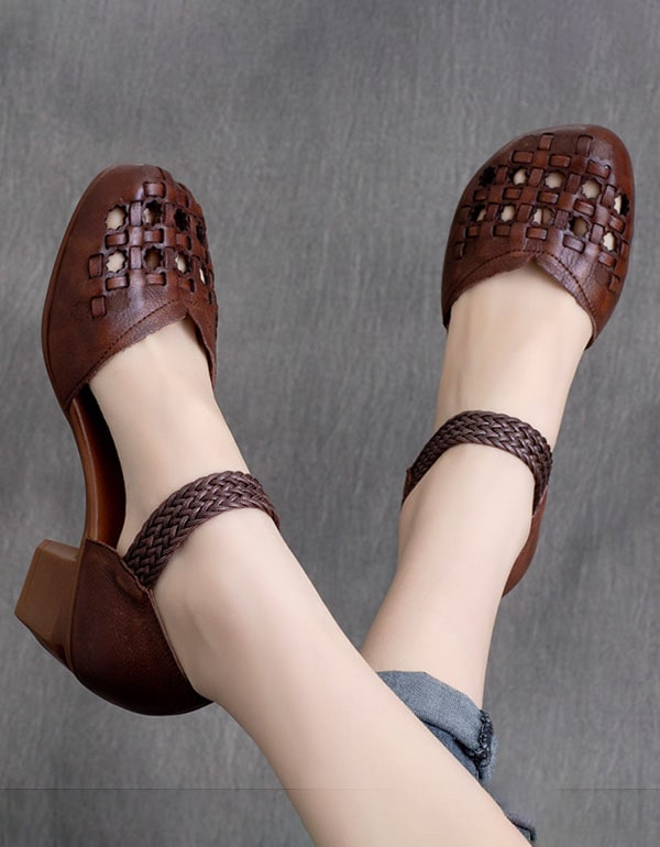 Handmade Retro Leather Woven Chunky Heel Sandals