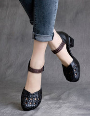 Handmade Retro Leather Woven Chunky Heel Sandals