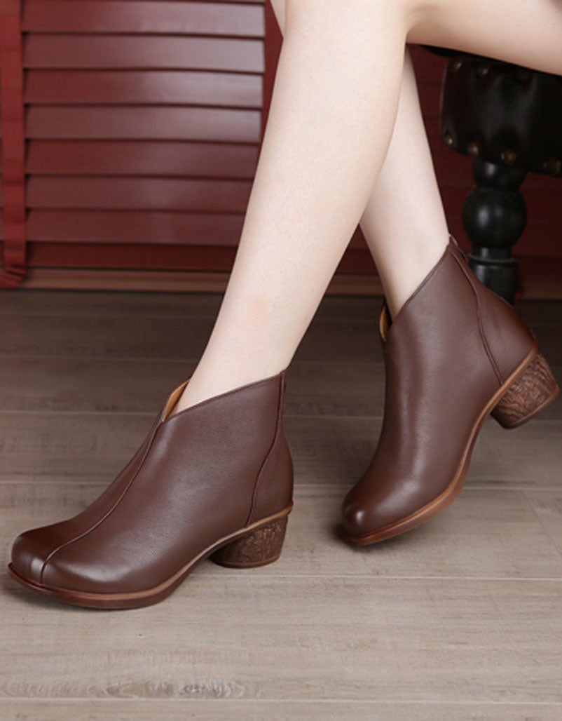 Handmade Retro Leather V-neck Chunky Heel Boots 35-41