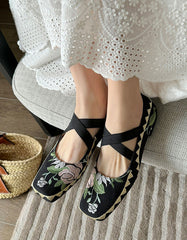 Square Toe Fabric Embroidered Cross Strap Ballet Shoes