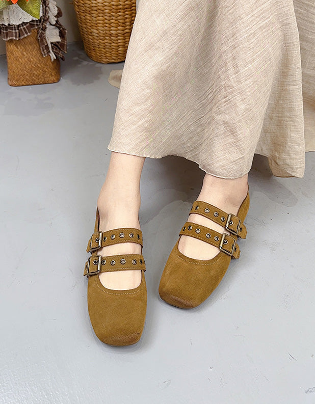 Suede Square Toe Double Buckles Mary Jane Shoes