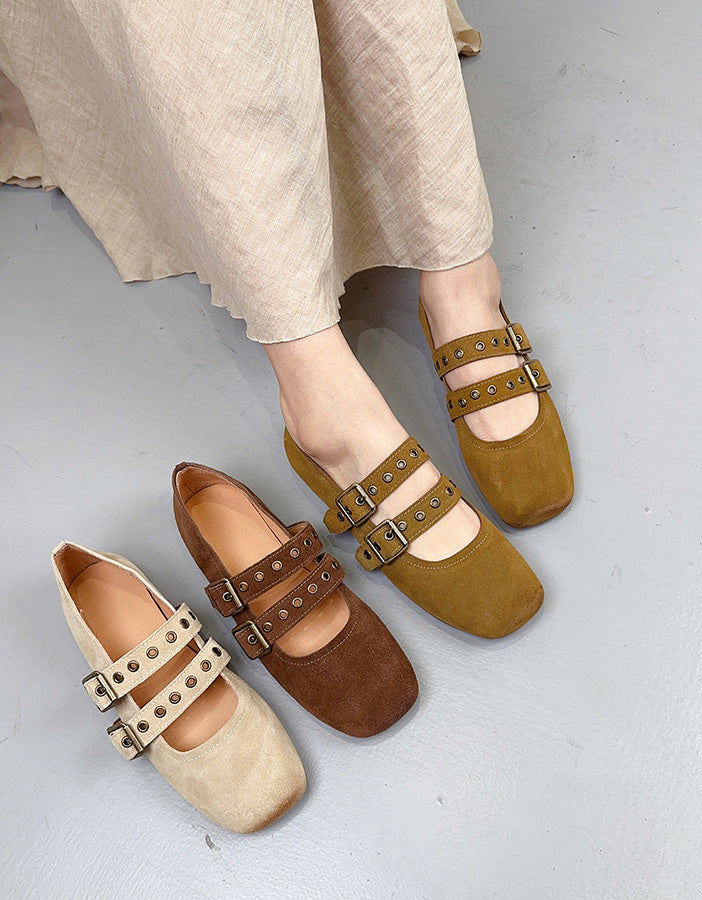 Suede Square Toe Double Buckles Mary Jane Shoes