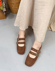 Suede Square Toe Double Buckles Mary Jane Shoes