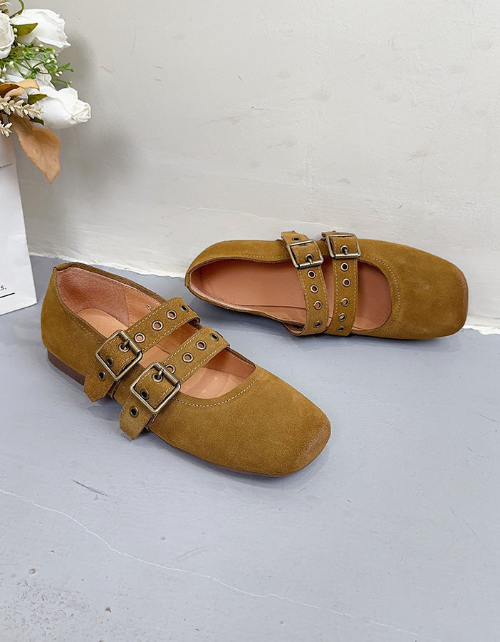 Suede Square Toe Double Buckles Mary Jane Shoes