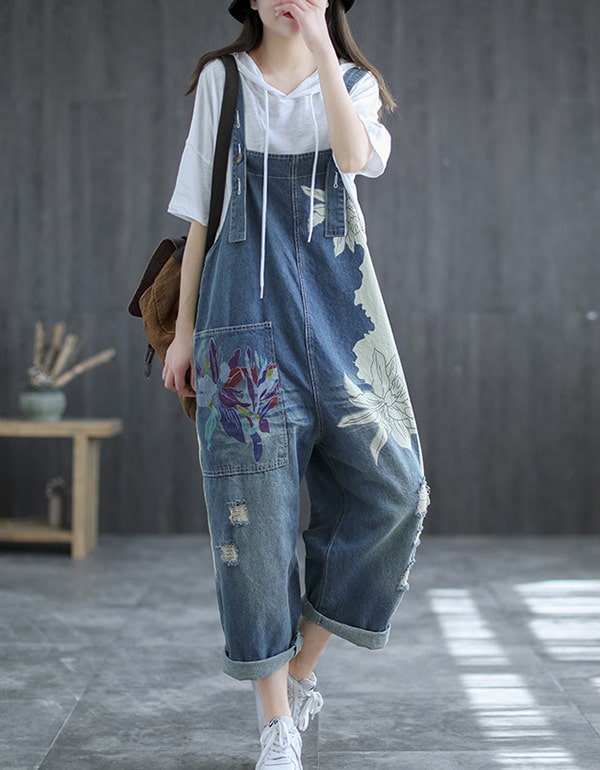 Summer Denim Overalls Retro Printed Jumpsuit