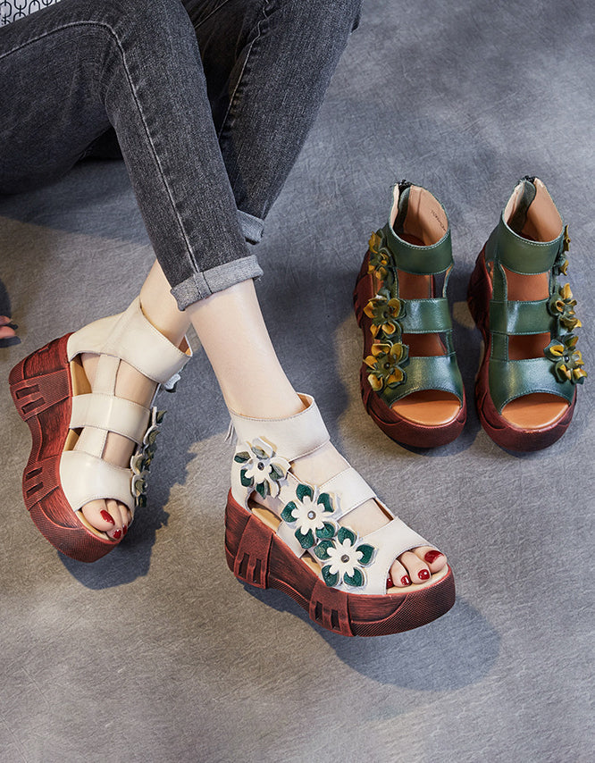 Retro Leather Flower Open Toe Platform Sandals