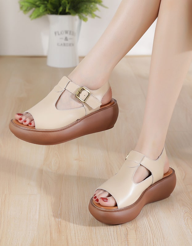 Summer T-strap Front Buckle Wedge Sandals