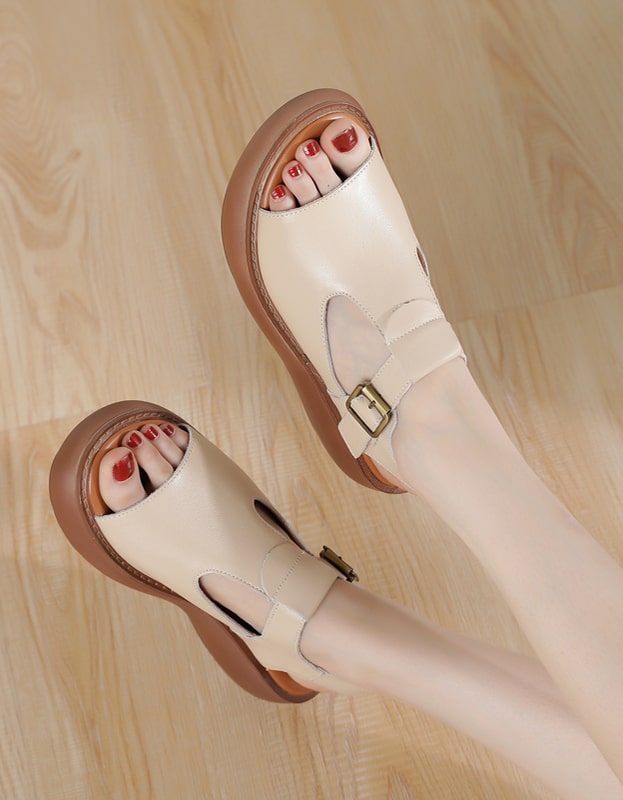 Summer T-strap Front Buckle Wedge Sandals