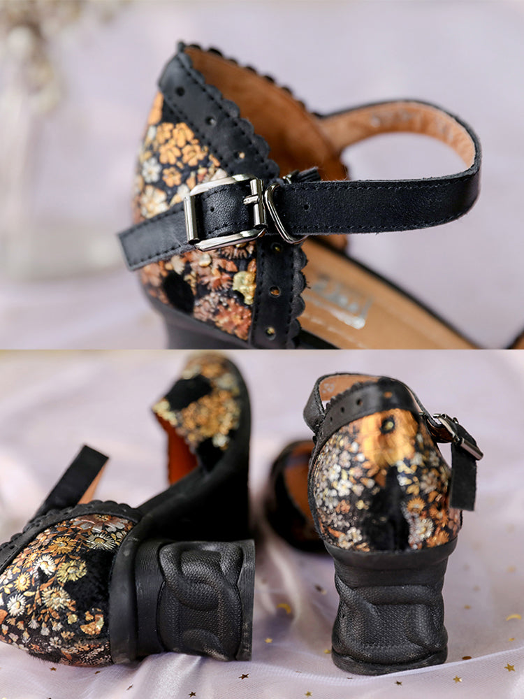 Vintage Embossed Sandals Chunky Heels