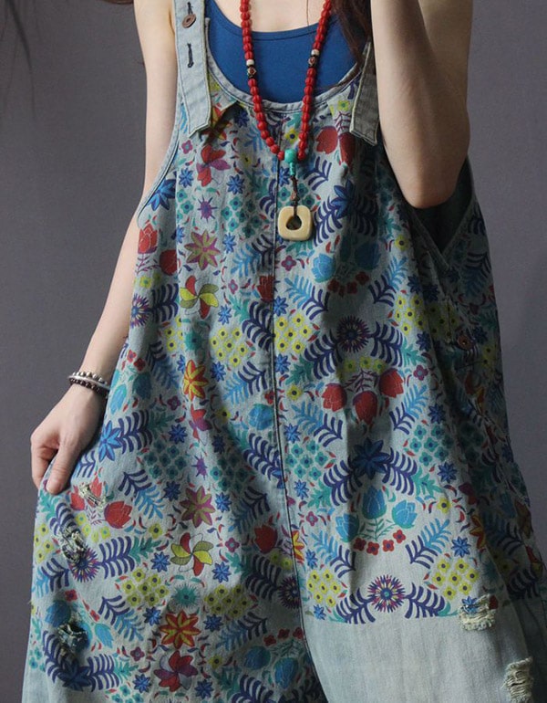 Vintage Floral Printed Overalls Women's Jumpsuit