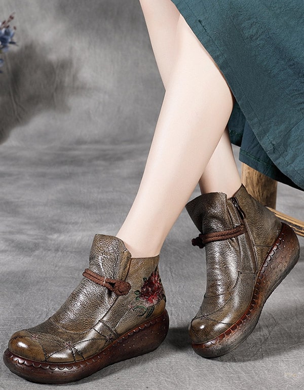 Handmade Embossed Leather Wedge Boots