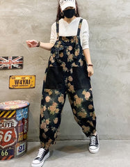 Vintage Printed Casual Denim Jumpsuit