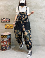 Vintage Printed Casual Denim Jumpsuit